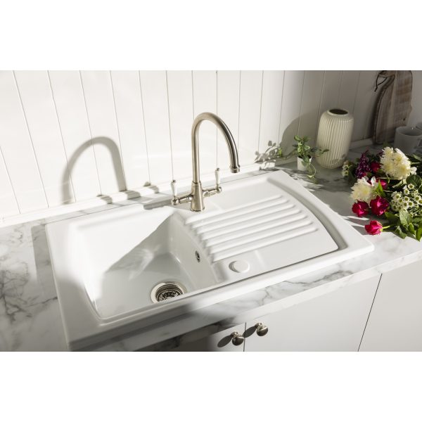 Abode Milford AW1042 1 Bowl And Drainer Ceramic Inset Sink In White