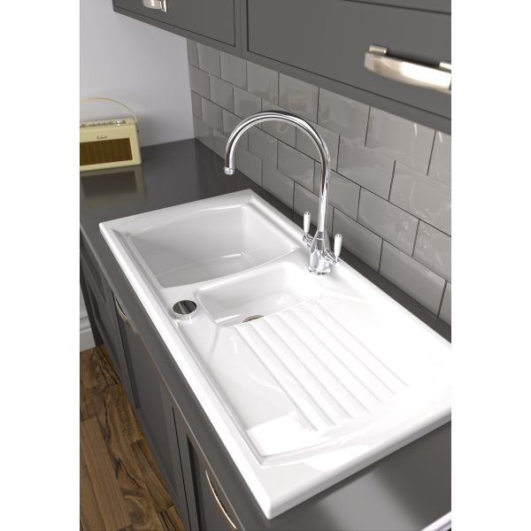Abode Milford AW1043 1.5 Bowl And Drainer Ceramic Inset Sink In White