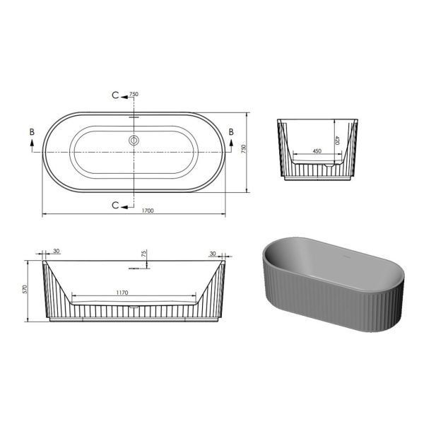 Brison Dalehead Modern Fluted Freestanding Bath - Image 2