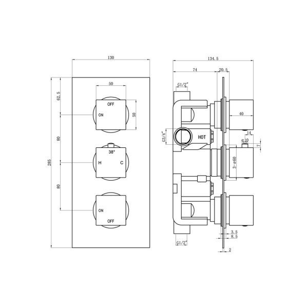 Brison Oakdale Shower Pack Three - Two Outlet Triple Shower Valve w/Riser & Overhead Kit - Image 2