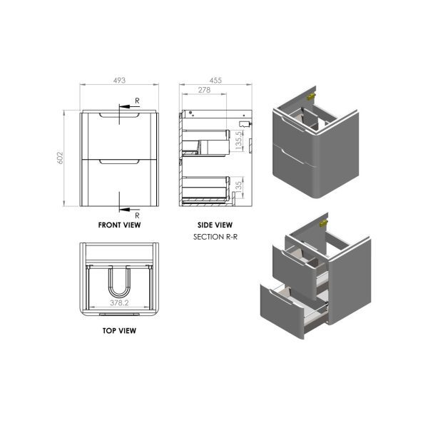Brison Ravi 500mm 2 Drawer Wall Hung Cloakroom Unit with Basin - Image 6