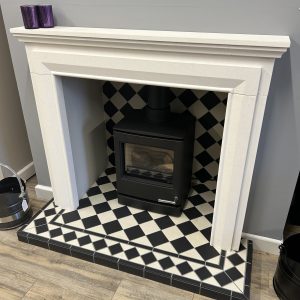 Cumbrian 48" Mantel in Agean Limestone with Harlequin Hearth & Back Panel *TO CLEAR*