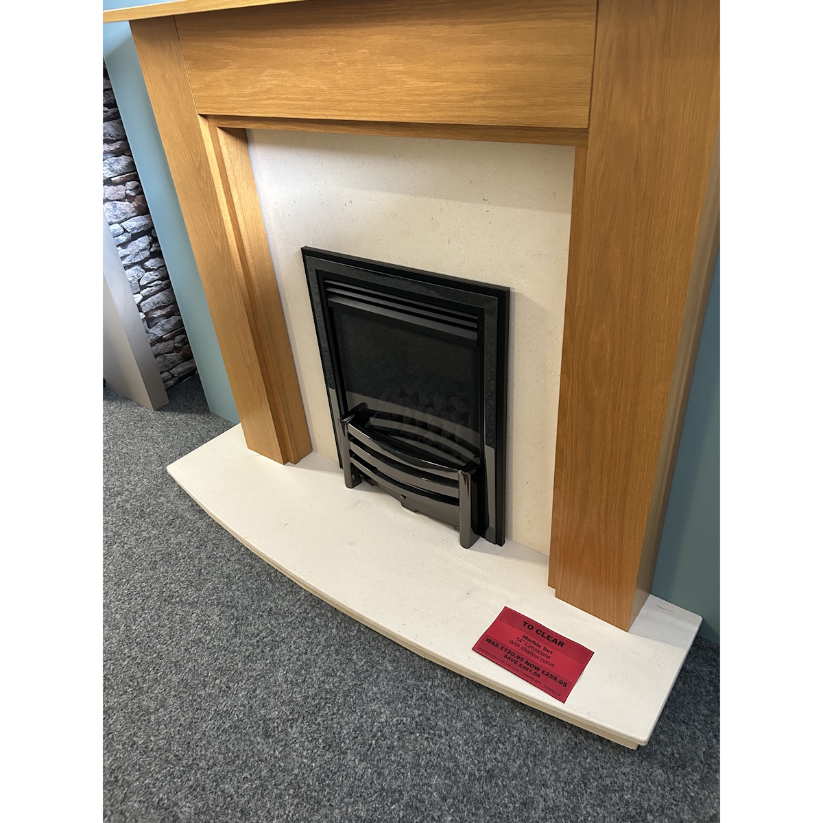 Brison Limestone Back Panel & 54" Shallow Curve Raised & Lipped Hearth *TO CLEAR*