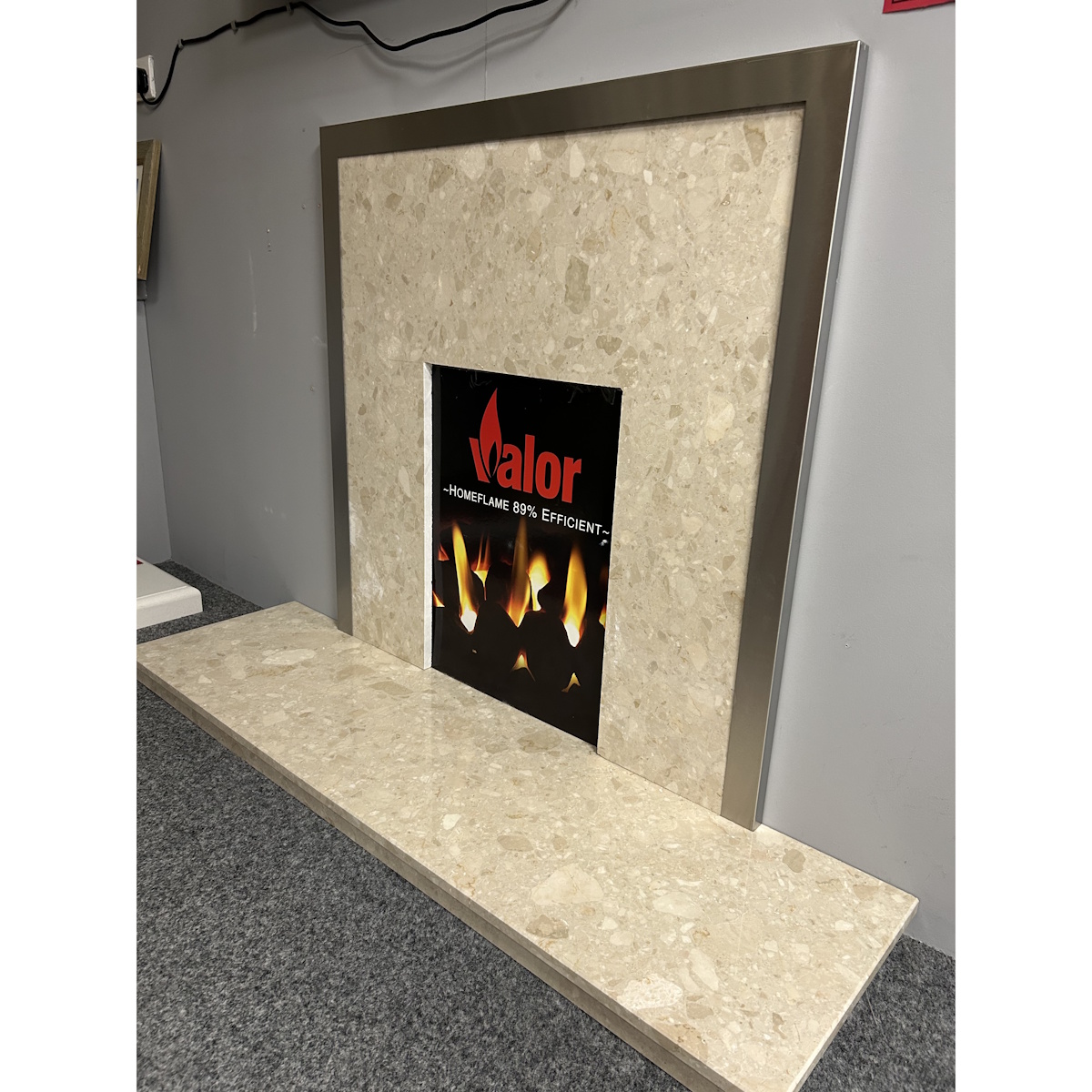 Brison Botticino Back Panel & 54" Raised & Lipped Hearth *TO CLEAR*