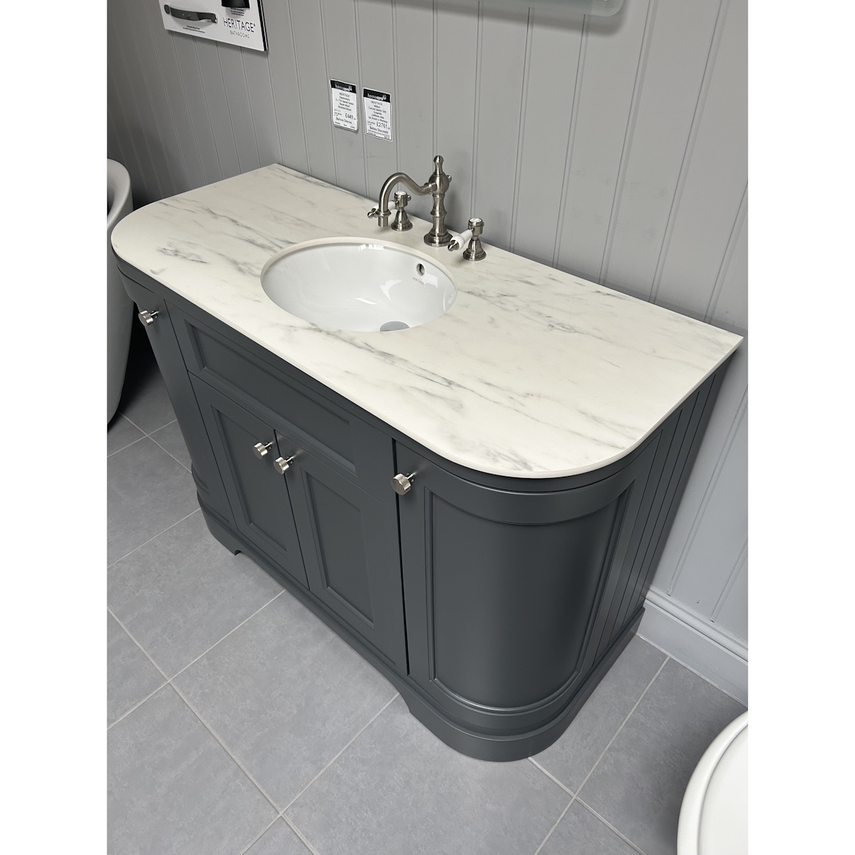 Heritage Wilton 1200mm Curved Vanity Unit in Graphite with White Marble Effect Top & Tap *TO CLEAR* - Image 5