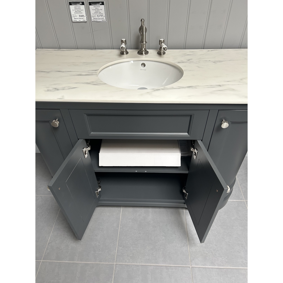 Heritage Wilton 1200mm Curved Vanity Unit in Graphite with White Marble Effect Top & Tap *TO CLEAR* - Image 3