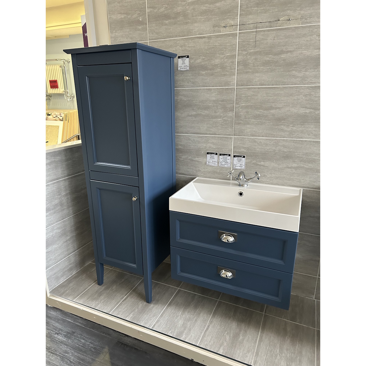 Heritage Caversham Wall Hung Two Drawer Vanity Unit with Tallboy in Maritime Blue *TO CLEAR*